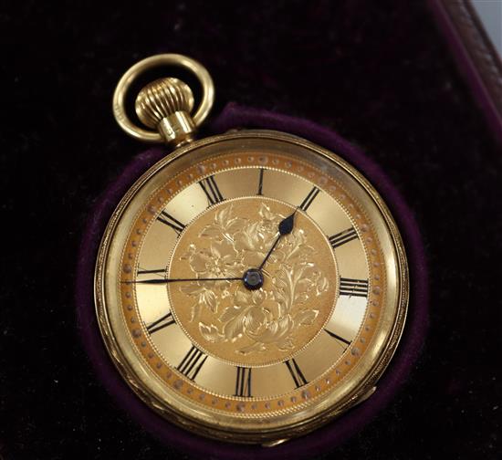 A late Victorian 18ct gold keyless fob watch, with engraved back and gilt Roman dial, in fitted case for Kent